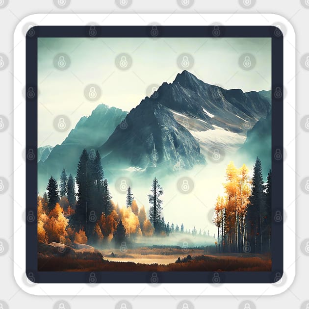 Misty Mountain with Colorful Autumn Trees Sticker by The Art Mage